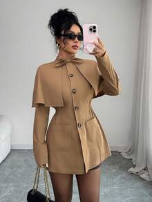 SHEIN Elenzya Women's Elegant Khaki Autumn Windbreaker,Cape-Style Mandarin Collar Long Sleeve Cinched Waist Single-Breasted Jacket,British Style Office Outerwear - Khaki - View 4