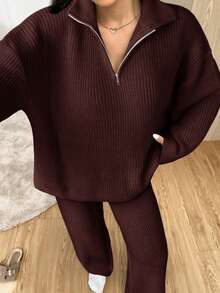 SHEIN EZwear Women's Casual Coffee Brown Zipper Drop Shoulder Sweater And Knitted Pants Sweater Two Pieces Suit, Autumn And Winter, Fall