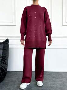 EURMUSE 女士水钻装饰落肩长袖毛衣针织衫和针织裤休闲套装，秋冬款 - 酒紅色 - 查看 4