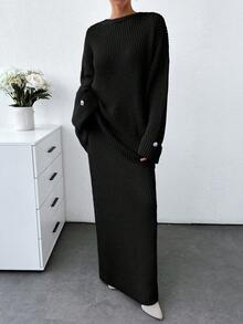 SHEIN Tall Tall Women Solid Color Chunky Sweater & Sweater Skirt Set - Black - View 6