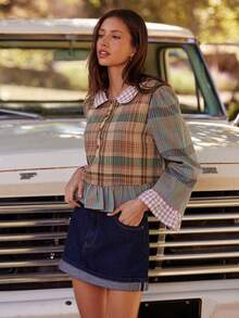 WESTFADE Mixed Plaid & Gingham Collared Button Front Tiered Ruffle Boxy Fit Top Fall, Autumn, Winter, Boho, Casual, Cute, Western Wear, Country - Multicolor - View 6