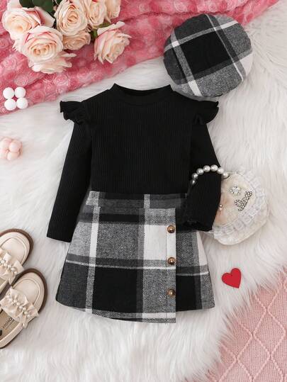 SHEIN 女婴针织长袖上衣+格子裙+帽子3件套，秋冬