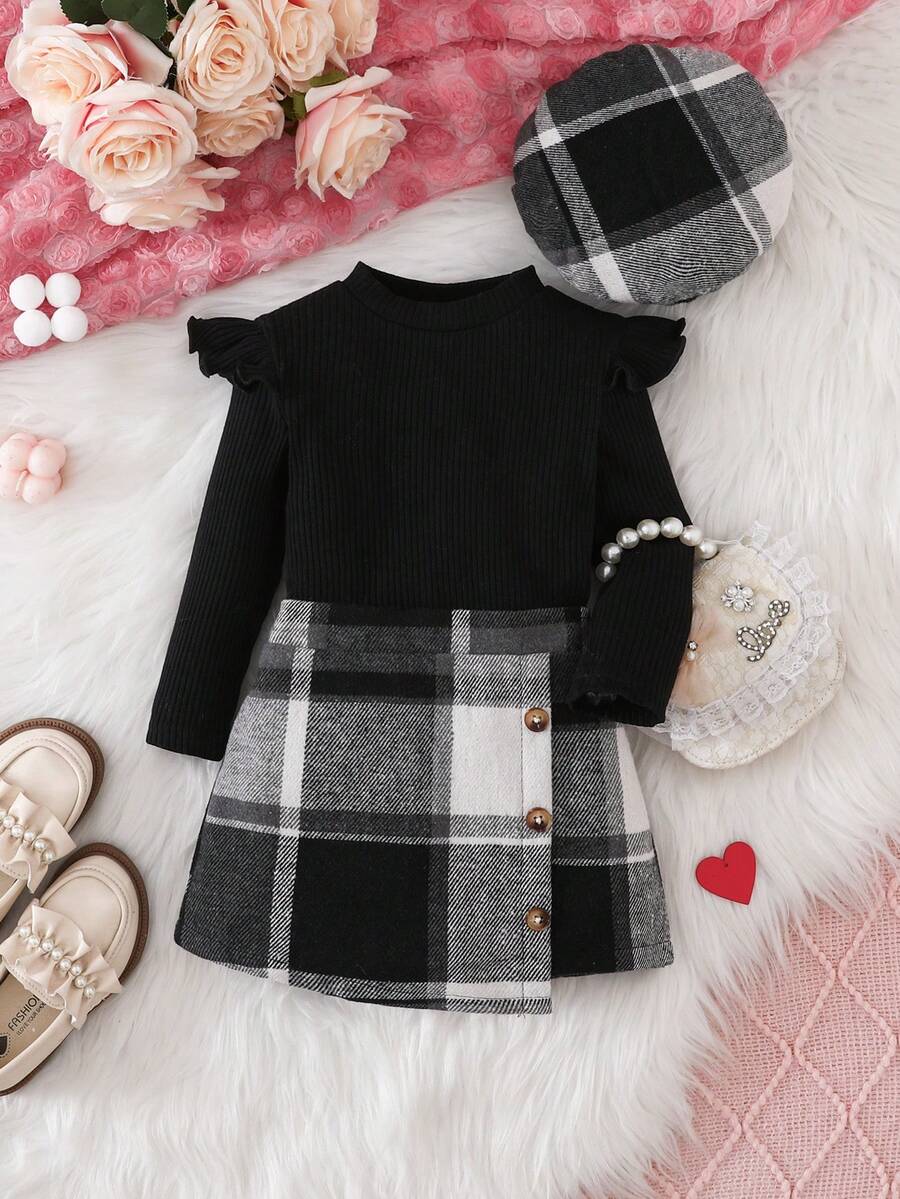 SHEIN 女婴针织长袖上衣+格子裙+帽子3件套,秋冬 - 黑色 - 查看 1