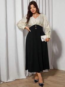 Modelyn Große Größen Farbblock Langarm V-Ausschnitt Knopf Taille figurbetonte elegante schwarz & apricot Midi Kleid - Schwarz - Übersicht 5