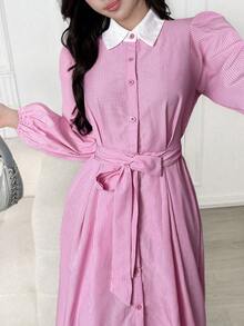 Modelyn Women's Elegant Commuting Striped Puff Sleeve Dress - Pink - View 4