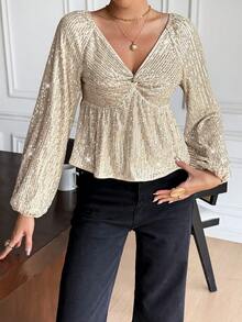 Serisse Blusas Elegantes para Mulheres, Blusa Fashionista com Lantejoulas Twist para Festa, Adequada para Uso Diário. Novos Lançamentos de Outono e Inverno, Volta às Aulas, Outono, Blusas Fofas, Blusas para Sair, Old Money, Casual Business para Mulheres, Outono para Mulheres, Homecoming - Damasco - Visão 6