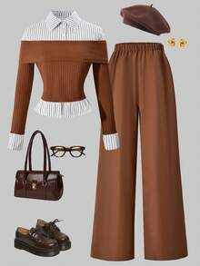 Sparklyn Striped Patchwork Ribbed Casual Shirt And Pants Set, Teenage - Brown - View 3