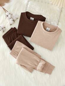 SHEIN 4件套男童舒适圆领长袖T恤和柔软保暖内衬打底裤睡衣套装 - 杏色 - 查看 5