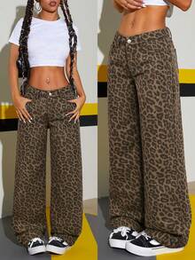 SHEIN Tall Fashionable Low-Waist Leopard Print Washed Straight-Leg Jeans - Multicolor - View 1