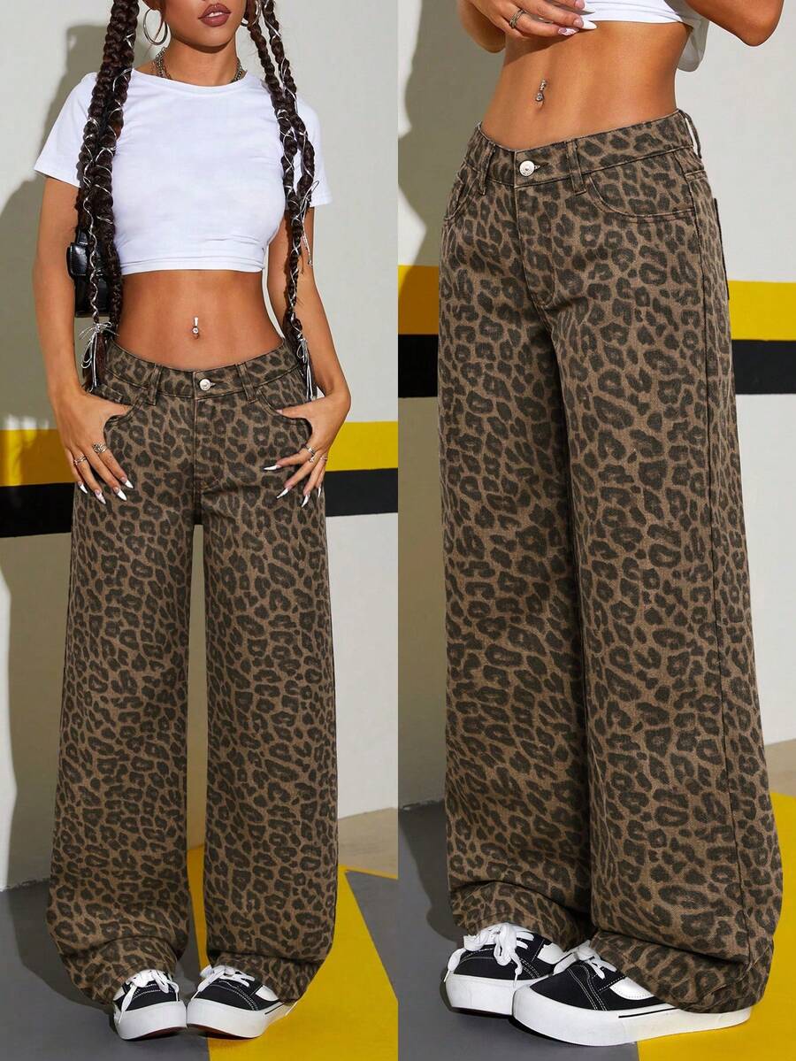SHEIN Tall Fashionable Low-Waist Leopard Print Washed Straight-Leg Jeans - Multicolor - View 1