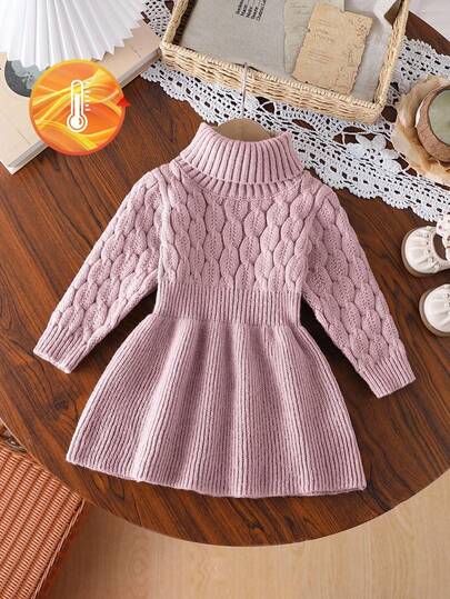 Vestido de suéter de línea A de cuello alto caqui para niñas, de tela de punto gruesa, de manga larga, con cintura, adecuado para uso casual, al aire libre, viajes, vacaciones, hogar, guardería y juego de niños