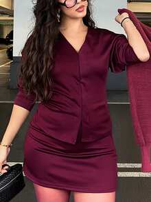 NegzBox Women's Elegant Hook Front Raglan Sleeve Top And High Waist Bodycon Skirt 2 Pieces Suit In Burgundy,Burgundy Tops - Burgundy - View 3