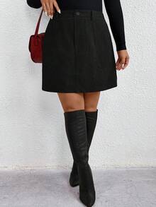 SHEIN Tall CURVE 大码女式优雅休闲通勤灯芯绒A字裙，带口袋 - 黑色 - 查看 3