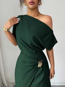 Elenzga Women's Elegant Solid Color Asymmetrical Shoulder Long Dress - Dark Green - View 4