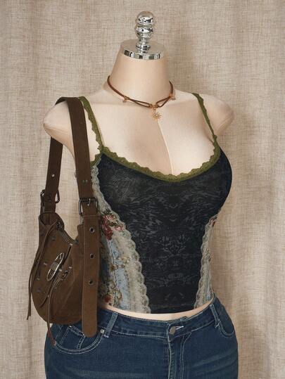 SHEIN ICON Y2k 女式加大码波西米亚风复古图案文艺复兴时尚花卉印花撞色蕾丝修身吊带背心