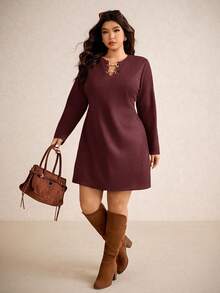 Elaquor Plus Size Women Casual Solid Color Short Dress Red/Winter - Burgundy - View 4