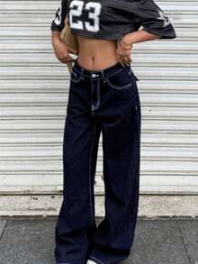 SHEIN 千禧年少女黑色宽松腰牛仔裤，春夏休闲度假乡村波西米亚风穿搭，海滩风、西部街头风、春假、锐舞音乐节牛仔裤 - 深色水洗藍 - 查看 3