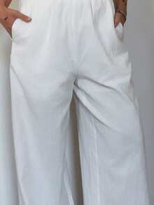 Abrilcols 女士纹理简约宽松阔腿白色裤子 - 白色 - 查看 3