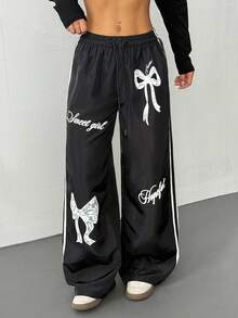 SHEIN PETITE Grunge Goth Summer Sweatpants Woven Floral Print Wide Leg Pants Y2k - Black - View 1