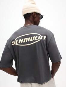 SUMWON 高级重磅短款修身T恤，椭圆形Logo印花，休闲款 - 灰色 - 查看 2