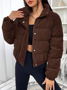 SHEIN EZwear 秋冬女装休闲咖啡棕色拉链按扣灯芯绒棉衣外套，冬季棉衣外套，棕色外套 - 咖啡棕 - 查看 5