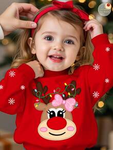 SHEIN Baby Girl Christmas Rudolph Reindeer Pullover Sweatshirt,Multicolor,Autumn,Cute Modest,Matching Family,Snowflake Pattern Loose Fit Cozy Knit Top - Multicolor - View 1