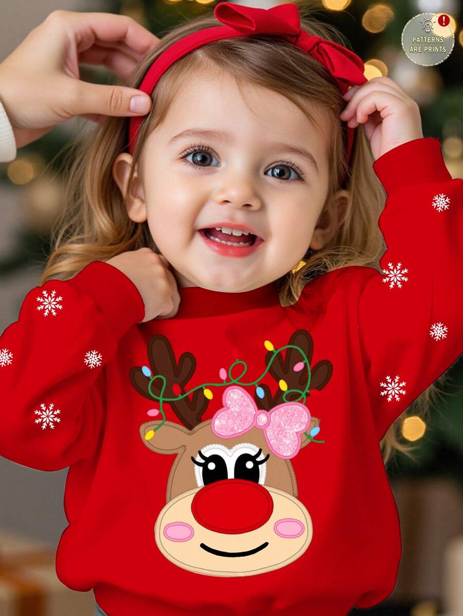 SHEIN Baby Girl Christmas Rudolph Reindeer Pullover Sweatshirt,Multicolor,Autumn,Cute Modest,Matching Family,Snowflake Pattern Loose Fit Cozy Knit Top - Multicolor - View 1