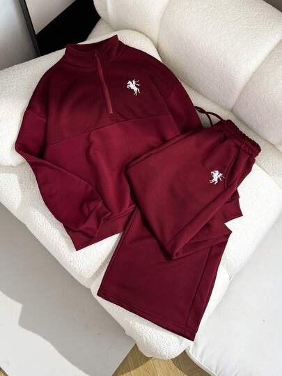 SHEIN 2pcs/Set Girls Casual Fashion Street Style Outfit, Polo Zipper Mock Neck Long Sleeve Sweatshirt With Loose Fit And Oversized Wide Leg Pants, Sports Pants Set, Suitable For Daily Wear And Workout