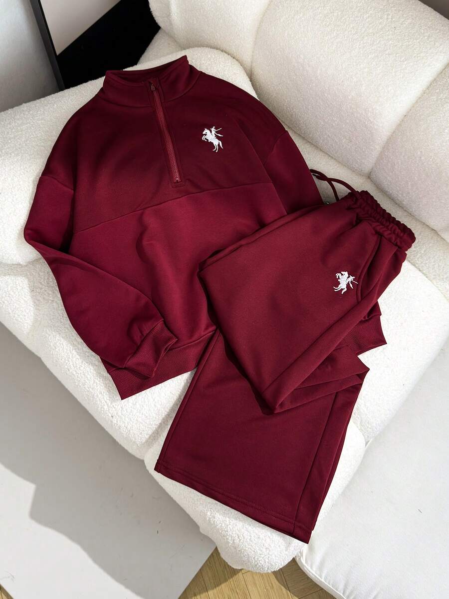 SHEIN 2 件套女孩休闲时尚街头风格服装,Polo 拉链高领长袖运动衫,宽松版型,超大阔腿裤,运动裤套装,适合日常穿着和锻炼 - 酒紅色 - 查看 1
