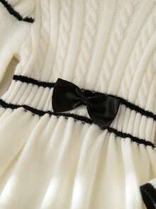 SHEIN Girls' Bowknot White Sweater Dress With Ruffle Hem, Round Neck Long Sleeve Knit Dress, Holiday Outfit Suitable For Back To School, Outdoor, Casual Wear Girl S Spring And Autumn Dress Autumn And Winter Young Girls Dresses Fall Dress For Girl Long Sleeve Dress For Girls Girl Clothes Autumn And Winter Clothes - White - View 6