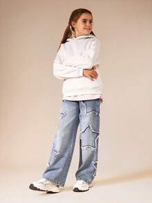 SUMWON Distressed Ripped Denim Jeans With Star Patches Wide Leg Casual Streetwear Style - Light Wash - View 4