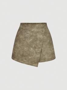 SHEIN MOD Pantalones cortos envolventes vintage desgastados para mujer, para otoño/invierno, otoño para mujer, Navidad, Año Nuevo, Acción de Gracias para mujer, colección retro y con estilo, casual, estilo casual de calle, mujer de vacaciones, falda pantalón de cuero - Caqui - Ver 2