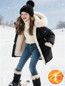 SHEIN Girls' Mid-Length Hooded Casual Pocket Faux Fur Solid Color Fleece Jacket, Winter