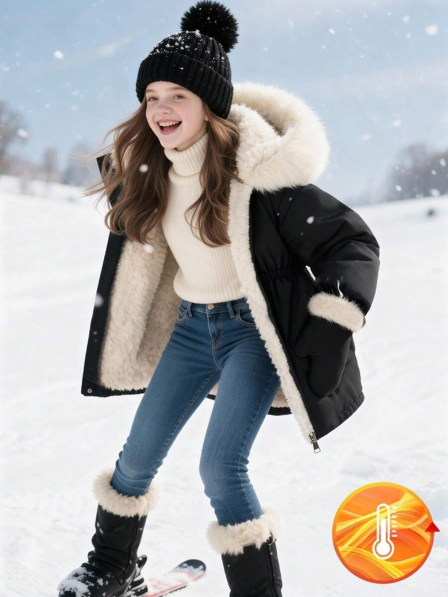 SHEIN Girls' Mid-Length Hooded Casual Pocket Faux Fur Solid Color Fleece Jacket, Winter