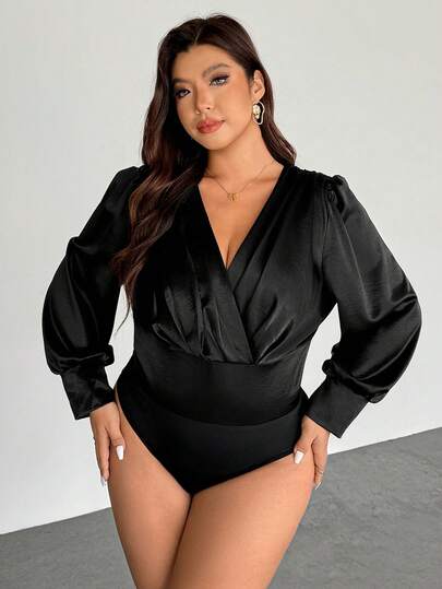 Firerie Plus Size Fashionable Solid Color Criss-Cross Wrap Waist Bodysuit