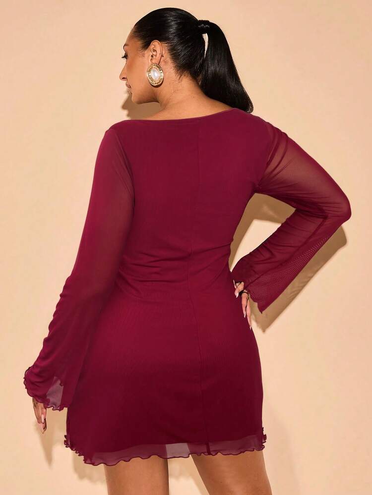 SHEIN Tall CURVE 大码女装秋季高街黑色迷你短款连衣裙，适合日常穿着、通勤、郊游、约会、下午茶、法式连衣裙、晚礼服、生日礼服、伴娘服、简洁优雅的日常连衣裙、婚纱、伴娘服、迷你鸡尾酒会礼服、派对礼服、网眼迷你连衣裙 - 酒紅色 - 查看 2