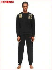 SHEIN Rest Era Survêtement casual pour hommes, Top col rond avec décoration graphique vintage et pantalon, style élégant et décontracté, convient pour le port quotidien, vêtements d'hiver - Noir - Voir 1