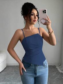 Elenzga Elegant & Cute Pleated Design Women's Solid Color Minimalist Camisole Tank Top, Everyday Wear - Dusty Blue - View 5