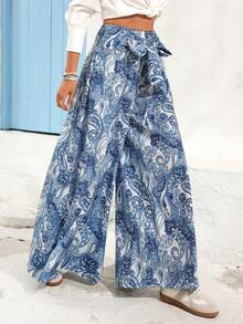 Vivid Eden 女士休闲宽松长裤，腰部系带，带口袋，饰以腰果花卉印花，波西米亚风，适合女士、海滩度假等场合，夏季外出休闲皆宜。 - 藍色 - 查看 1