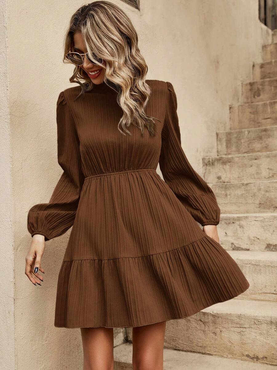SHEIN Clasi Đầm thường ngày tay bồng xòe cổ bèo nhún màu trơn cho nữ - màu nâu - Xem 1