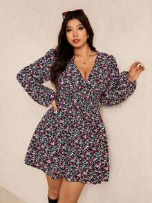 Elaquor Plus Size Casual Vacation Ditsy Ditsy Floral Cinched Waist Lantern Sleeve Dress, Autumn Women Floral Dress Picnic Dress Ditsy Floral Dress Long Sleeve Floral Dress