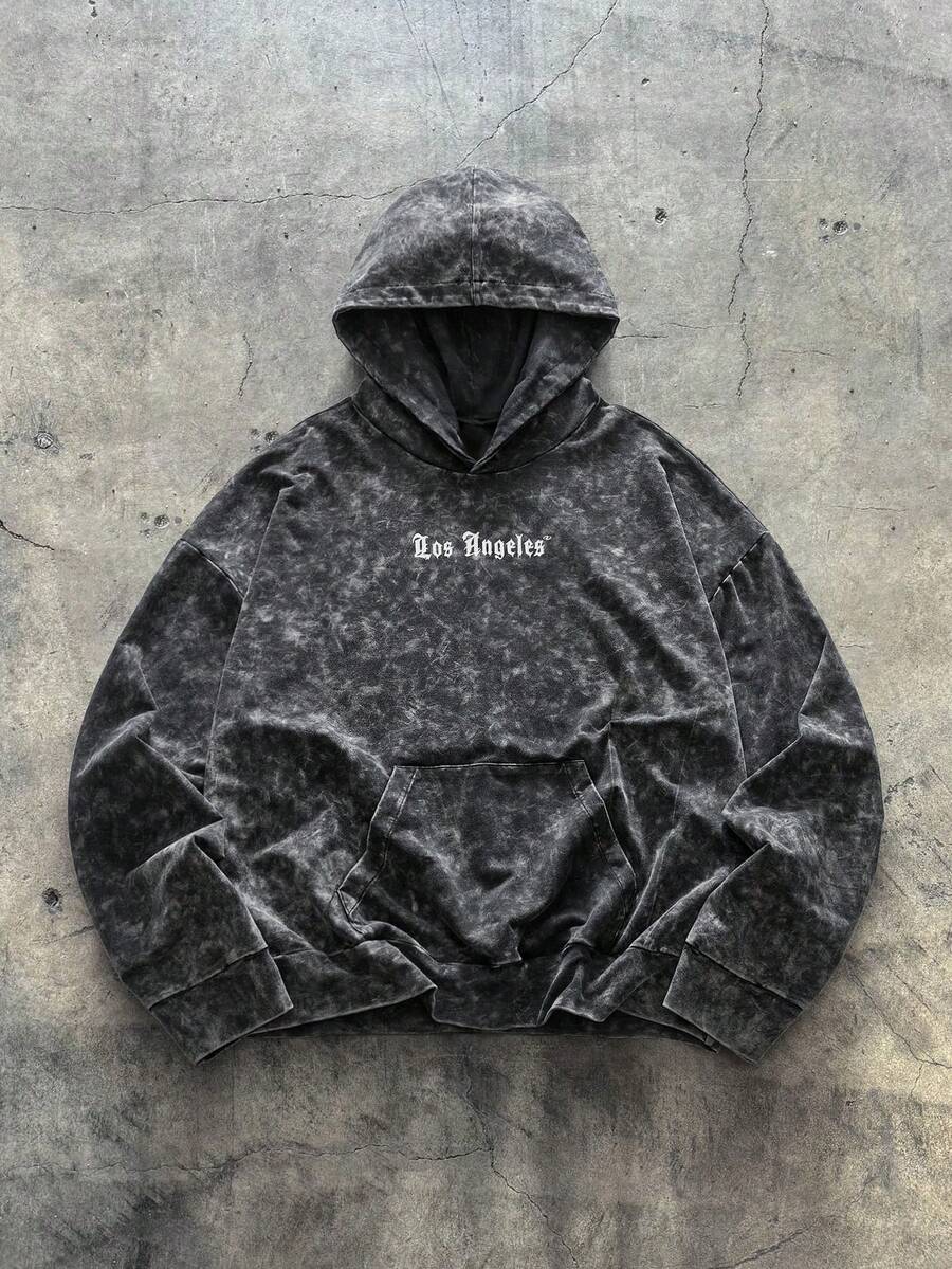 AXEPEAK 男士字母印花长袖口袋休闲宽松连帽卫衣 - 黑色 - 查看 1