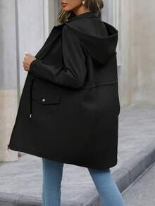 SHEIN PETITE Women's Cinched Waist Hooded Regular Jacket Black Jacket Women Women Coats Rain Coat For Women Black Coat Women - Black - View 2
