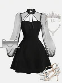 Girlism 少女网眼拼布蝴蝶结领长袖优雅连衣裙 - 黑色 - 查看 1