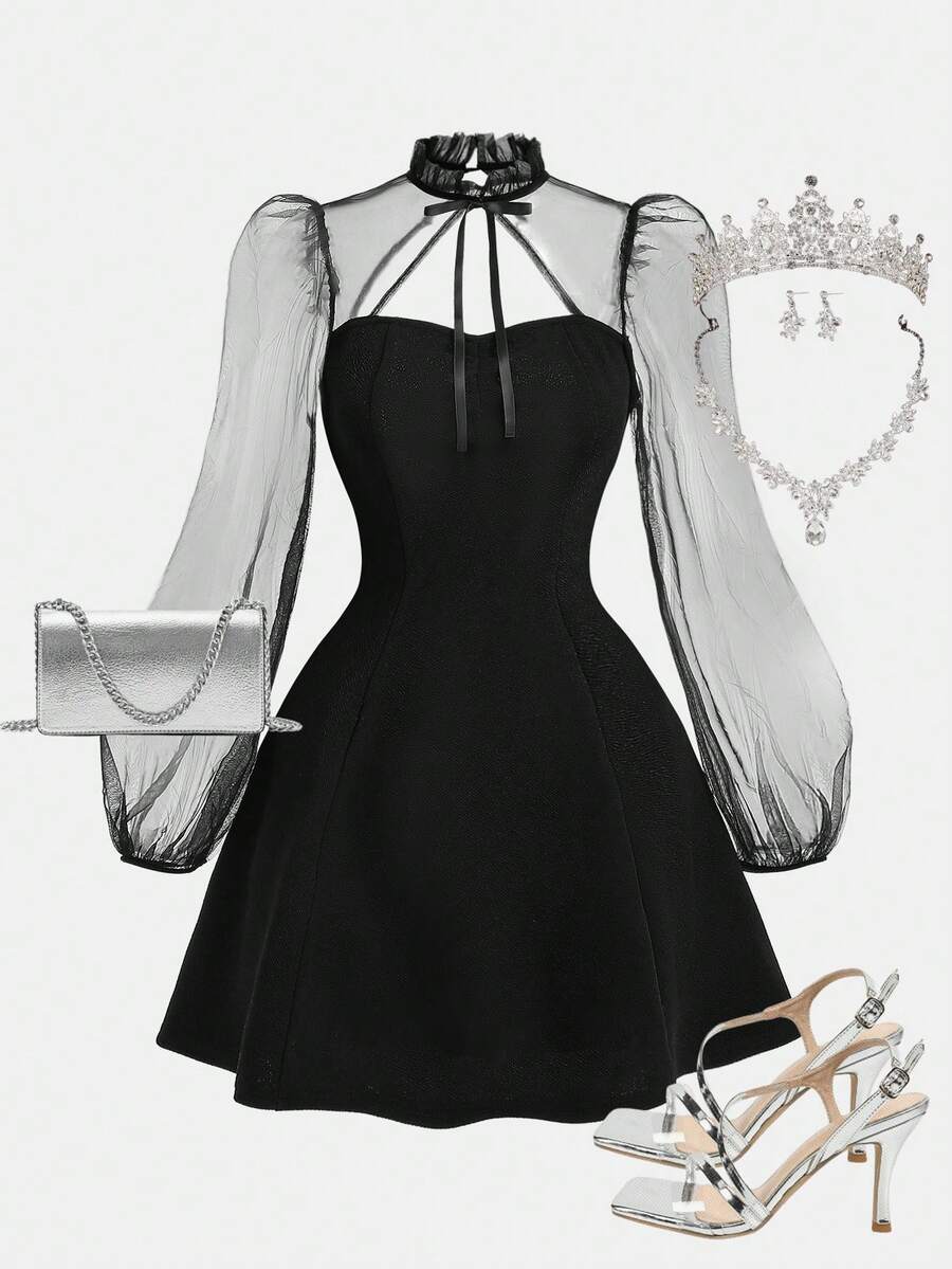 Girlism 少女网眼拼布蝴蝶结领长袖优雅连衣裙 - 黑色 - 查看 1