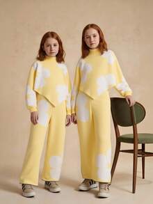 Tween Girls Cute Light Yellow 2pcs Knitted Outfit Set,Flower Pattern High-Neck Sweater&Wide-Leg Pants For Autumn,School,Back-To-School Daily Wear - Yellow - View 4