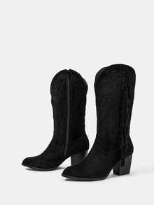 Botines de tacón grueso de punta redonda para mujer, adecuados para festivales de música, Halloween, Navidad y fiestas - Negro - Ver 3