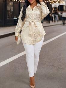 EMERY ROSE Plus Size Women's Champagne Leopard Print Shirt,Autumn Elegant Long Sleeve Drop Shoulder Tie Waist Top,Casual Loungewear For Night Out Club - Apricot - View 5