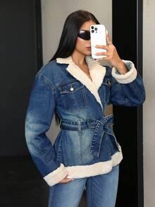 Jeanoix 女士时尚翻领长袖交叉裹身保暖内衬牛仔夹克 - 藍色 - 查看 4