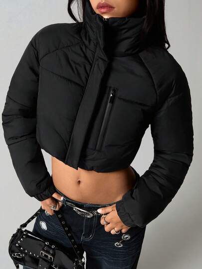 TRNVIE 1 pieza Abrigo acolchado para mujer, con bolsillos con cremallera negra, estilo deportivo casual corto, para invierno